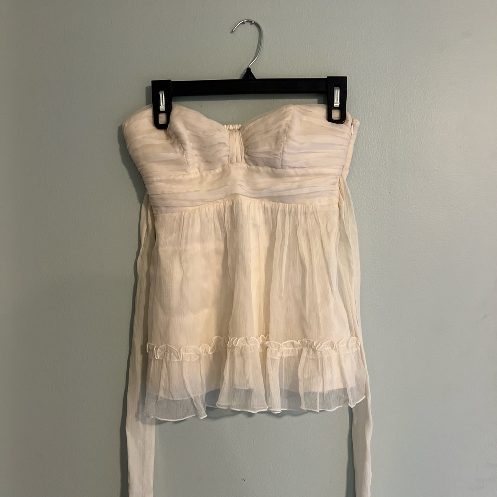 bebe Ivory Strapless Sheer Ruffle Bustier Top